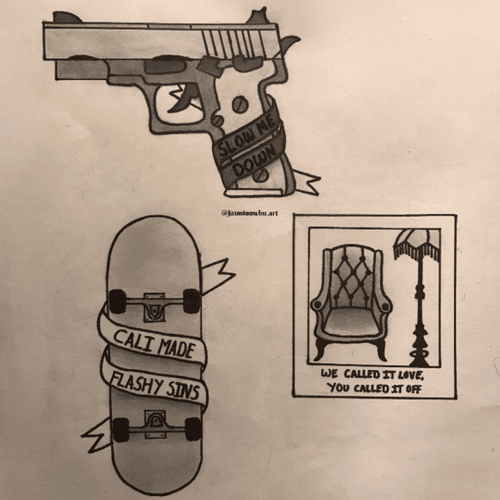 first attempt at doing designs like this and i can’t do text to save my life but started an Issues flash sheet #issues #issuesband #slowmedown #madatmyself #hooligans #flash #tattooflash #flashsheet #gun #skateboard #polaroid #lyrics #music #yeah 