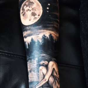 Forearm piece #blackandgrey #girl #lake #moon #forearm #tattoo #woman 
