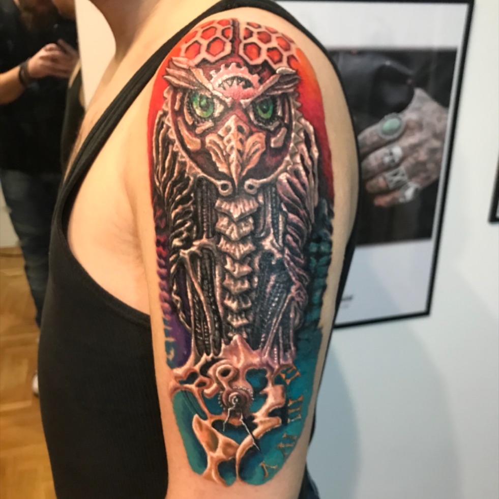 Tattoo uploaded by Nemanja Panic • #colourtattooart #colortattoo # biomechanical #biomechanicaltattoo #inked #ink #owltattoo #Intenzetattooink #fusionink #fusiontattooink #Cheyenne #cheyennehawkpen #cheyennetattooequipment #tattoomust #bumbarmasine ...