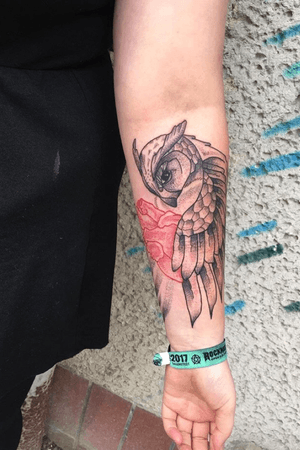 Owl Tattoo with anatomyc heart, Dotwork, left arm. Done by Karsten Dach @ Chorus Tattoo Berlin