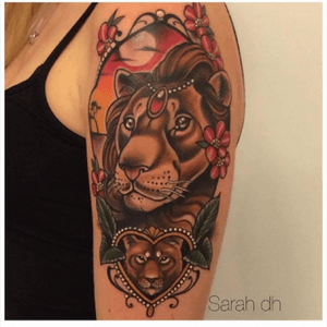 Lion with his Lioness #neotraditionaltattoo #tattooinkexplosion #liontattoo #animals #upperarm #colorstattoo 