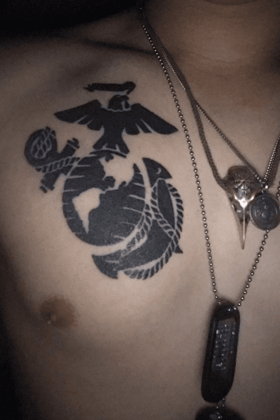 Black shaded and outlined globe eagle and anchor tattoo on left chest for  men