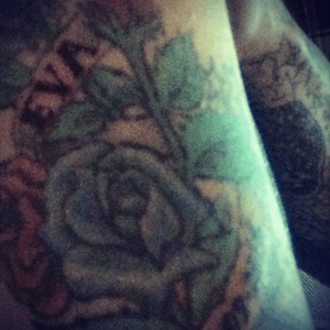 Top of my arm with daughters name and date of birth, designed by the girlfriend #roses #traditional #Custom #scroll 