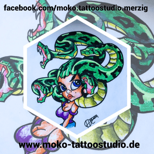 Medusua Comic Style Tattoo Vorlage. Noch zu haben. #Comic #Cartoon #New #school #medusa #draw #color #snake #girl #moko #tattoostudio #tattoo #merzig