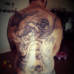  #backpiece #dragontattoo #wizard #skull #blackandgreytattoo #tattooeddad 