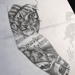 Arm sleeve tattoo in black & grey. #Realistic #Black #Grey #Tattoo #Arm #Sleeve #Tiger #Dog #Animal #Football #Sport #Music #Piano #Guitar