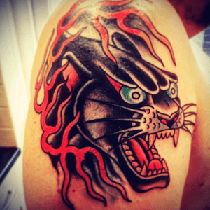 Panther Traditional with Fire (cover up) by @lollotattoo from Milan 