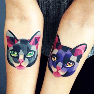 Cute cats! Wish i knew what to call this style. Fun! #cat #kitten #colorful #matchingtattoos 