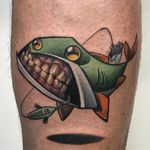 #fish #fishing tattoo by #joshpeacockobe1 @joshpeacock_obe1 #colortattoo #cartoon #newschool 