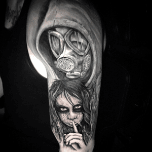 #tattoo #shaunloyer Done by Shaun Loyer @ Distinctive Body Art Studio in San Clemente CA Instagram is @inkedlife1979 or @dba_tattoo #gasmask #wisper #creepy #deadgirl #zombie #virus #blackandgrey 