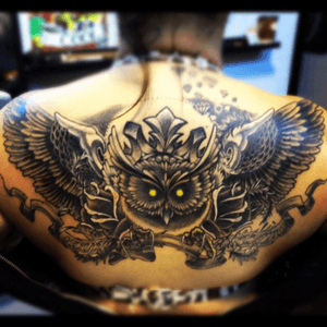 One of my first big pieces! #owl #yeg #tattoo #crimsonempire #blackandgrey 