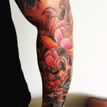 Finishing my sleeve/chest piece. Waves to touch up and more colour to add #lotus #sleeve 