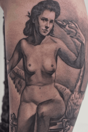 Salvador Dali's "Leda Atomica" #dali #salvadordali #ledaatomica #painting #drawing #legtattoo #tattoo #tattoos #tattooed #tattooart #inked #inkedup #tattooartist #tats #blackandgreytattoo #realistic #realism #realistictattoo