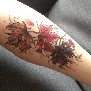 An unfinished piece by an amazing artist Laura Grove of twenty two tattoo lounge bournemouth, UK. A little national pride. Canadian maples leafs with watercolour, more to come, excited for the finished piece! #mapleleaf  #watercolor #unfinished 