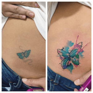 Cover Up before/ after butterfly watercolor.#tattoo #tatuagem #tatuaje #watercolor #aquarela #butterfly #felipebernardes #brazil #tattooartist 