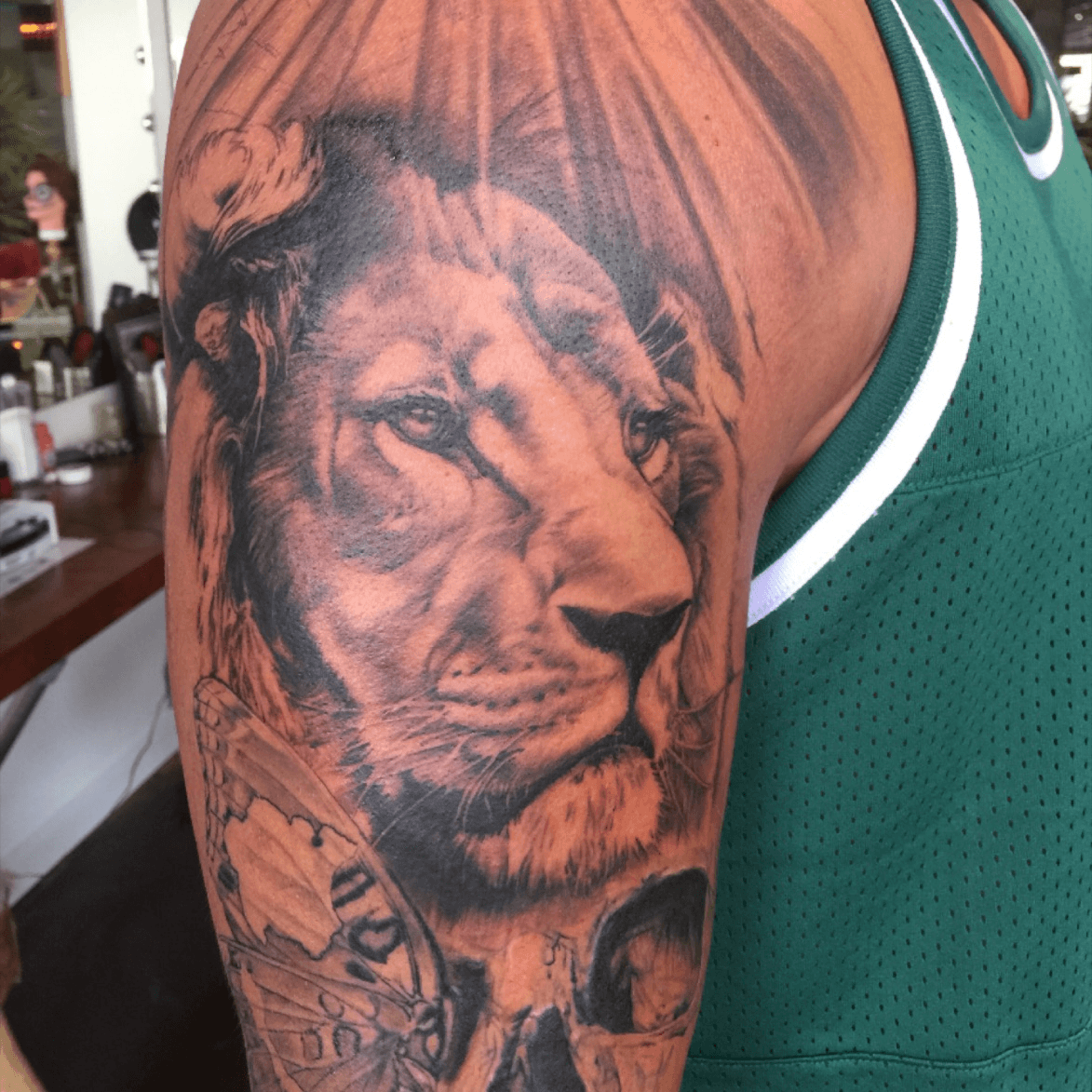 Tattoo uploaded by Steph • Lion in the sun. Work in progress. #nofilter # lion #blackandgray #sleeve #inprogress • Tattoodo
