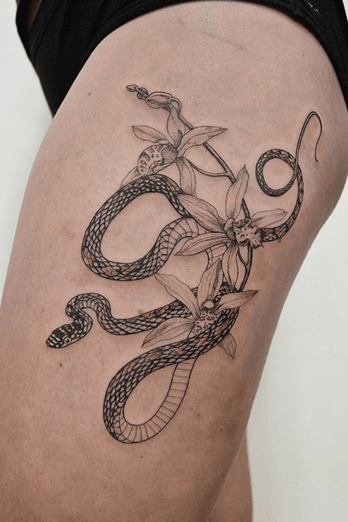 Tree snake & orchids 🐍 for Eva                                            #snake #tattooartist #tattoodo #orchid #flower #flowers #snaketattoo #blackwork #fineline #blackandgrey #realism #illustration #nature 