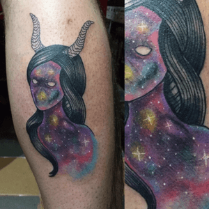 Galactica by @M0nk #traditional #portrait #horns #devilgirl #galacticgirl #space #galaxytattoo #worldfamousink 