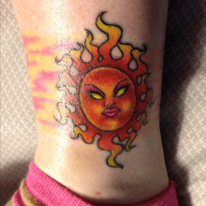 Inside of right leg. Done around 9 yrs ago and sun redone about 2 momths ago. 5th tattoo. Still have to redo the sky so it looks kore like a sunset.