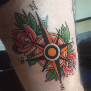 Compass rose and roses by Max Ireland at Skull & Sword Tattoo in San Francisco, CA