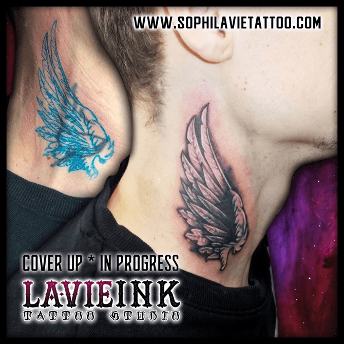 Tattoo uploaded by Sophi La Vie • Tattoo cover up #tattoo #coverup  #tattoocoverup #wings #necktattoo @sophilavie • Tattoodo