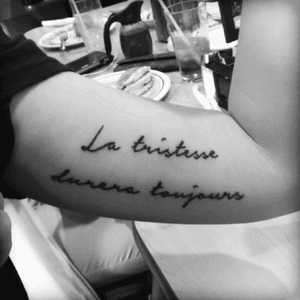 My first tattoo. "La tristesse durera toujours" - Vincent Van Gogh. Translates to "The sadness will last forever". #firsttattoo #vincentvangogh #quote #cursive #lettering 