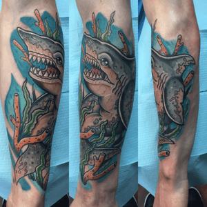 Super fun #shark #tattoo from the other day, using #eternalink and #kingpintattoosupply after care used #griffinsalve thsnk you so much blake!!'#studio617