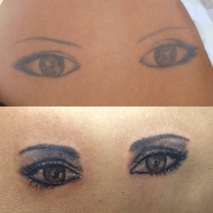 Before and after remake 10 years later. This represent my family eyes taking care of me #eyes #makeup #beforeandafter #mytattoos #color 