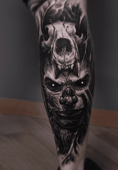 #skull #skulltattoo #shaman #horror #evil #tattoo #vainiusanomaly #realism #realistic #realistictattoo #blackandgrey #wolf