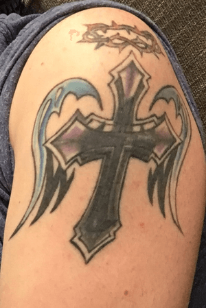 Cross coverup on left shoulder. Done by Andy Grubb in Lincoln, NE