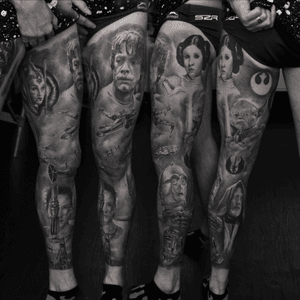 Star Wars leg sleeve. #starwars #legsleeve #realism #portrait #tattoooftheday #radurusu #blackandgrey 