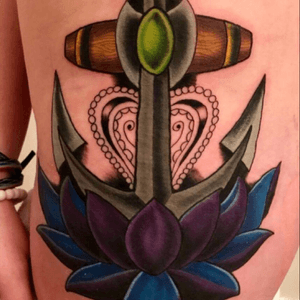 Custom colored #anchor thigh piece, I made for a client. #anchortattoo #lotus #lotusflower #newschool #lotustattoo 