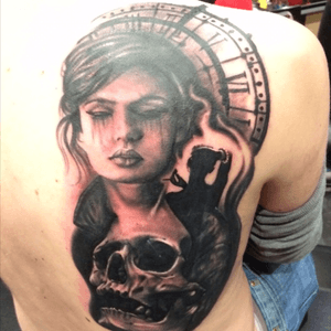 Back pice done at portsmouth tattoo convention not a good photo #skull #clock #woman #realistic #blackandgrey #Portsmouthtattoo 