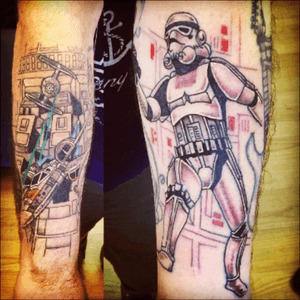 Star Wars Dogfight over the Death Star and stormtrooper. Left and right forearms, by Mikes Tattoos in Crosby Liverpool UK, theres always a bit of skin for the geek in all of us 👌👍🏻 peace and love PB 