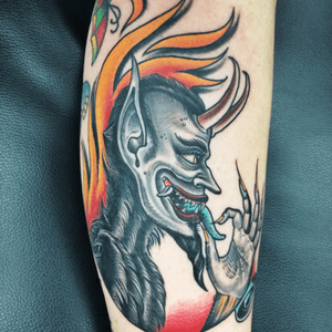 #krampus tattoo by #jordanmoore at #inksmithandrogers #jacksonvillefl #flames #traditionaltattoo #traditional #AmericanTraditional 