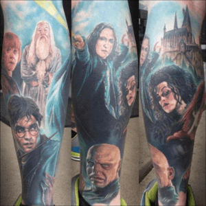 Harry Potter leg sleeve Pt.2 done by Paul Acker @ The Seance Tattoo Parlor. #Theseancetattooparlor.