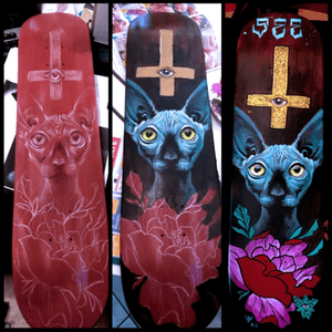 Skateboard painting for Nantes charity auctions #sphinxcat #Acriliconboard