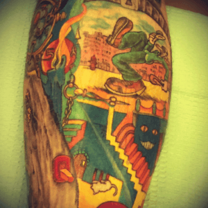 Leg sleeve in progress on Rollo.   We are both fans of the 60s and 70s artwork.  Lots of little meanings on this one.