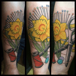 Memorial tattoo, custom design full colour #daffodiltattoo #sewingkittattoo #scissorstattoo 