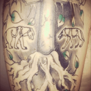Added to a basic cross (first tattoo).. The animals are real Scottish tribal pict cave paintings (for want of a better description!).. Tree of life, animals once native to Scotland, with a bit if folklore with the Kelpie from Scottish myth and legend thrown in at the bottom. Put together by Jason Colley. #jasoncolley