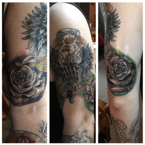 Upper left arm, Polish Eagle with two roses#Tattoo #Tatted #TattedUp #Inked #Ink #InkedMag #InkedLife #InkedBoy #TattedBoy #YoungandTatted #TattooAddict #InkAddict #Sleeve #Tats #InkLife #TattooLife #BlackandGray #RealismTattoo #RealismInk #TattedForLife #TattooModel #Durkel #TattedUpDurkel #SleeveTattoo