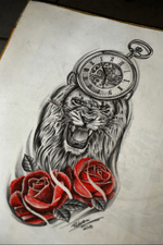 Lion/clock/roses tattoo sketch