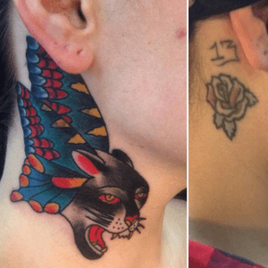 #coverup #tattoo #traditional #traditionaltattoo #necktattoo #panthertattoo #butterfly #butterflytattoo 