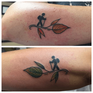 My tattoo of a hiker during fall, my best friend has the match but a hiker in the spring!!