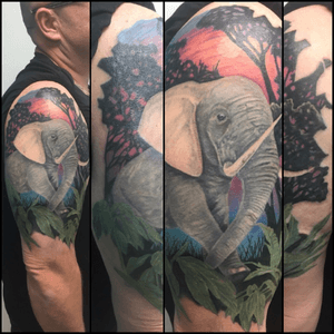 Finally finished this one up, really happy with the result. Always have a blast hanging out with Dan, thank you for trusting me with this amazing piece #yeg #yegtattoos #yegtattooartist #edmontontattoo #edmonton #edmontontattooshop #tattoo #tattoos #art #amazingink #skinart #ink #inprogress #halfsleeve #realism #jungle #sunset #elephant #fullcolor #fusionink #foliage #rainforest #animal #animaltatto #elephanttattoo #sunsettattoo #leaves #colorful #canadiantattooartist #canadian