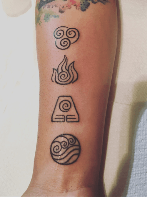 Water, earth, fire & wind symbols!! Based on the Last Airbender series!! One more session to add color effects!! #tattoo #forearmtattoo #avatar #thelastairbender #wip #lines #ink #inklegacytattoos