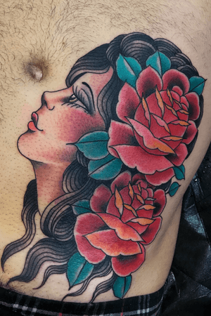 Baby lady with roses. For appointments email: Beau@capturedtattoo.com 