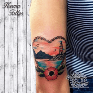 Traditional heart and lighthouse tattoo#tattoo #tatuaje #color #mexicocity #marianagroning #tatuadora #karmatattoo #awesome #colortattoo #tatuajes #claveria #ciudaddemexico #cdmx #tattooartist #tattooist #traditionaltattoo #lighthouse 