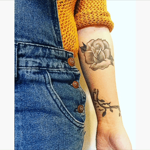 #Dungarees life. #tattoo #rose #blackandgrey #rosetattoo #forearm #tattooedgirls #wrist #tattoodo #traditional #freehand #wellington #nz #tattoofestival #newplymouth 