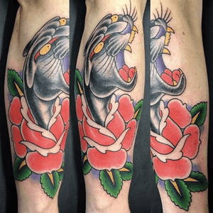 Another #panther #pantherhead #animalhead #rose done by #steveserazio at #spotlighttattoo in #losangeles #traditional #AmericanTraditional #americantraditionaltattoo #traditionalamerican #theamericantraditional #forearm #forearmtattoo #forearmtattoos 